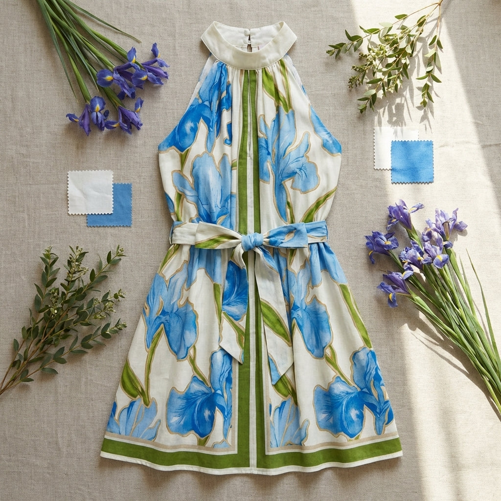 Artistic flat-lay of printed woven mini dress showing fabric pattern, back button, sash tie, with natural props and high detail macro focus.