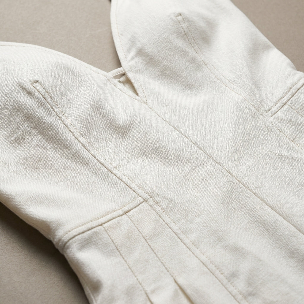 Close-up of Solid Woven Jumpsuit's detailed woven texture, soft lighting highlighting subtle fabric sheen, neutral studio background.