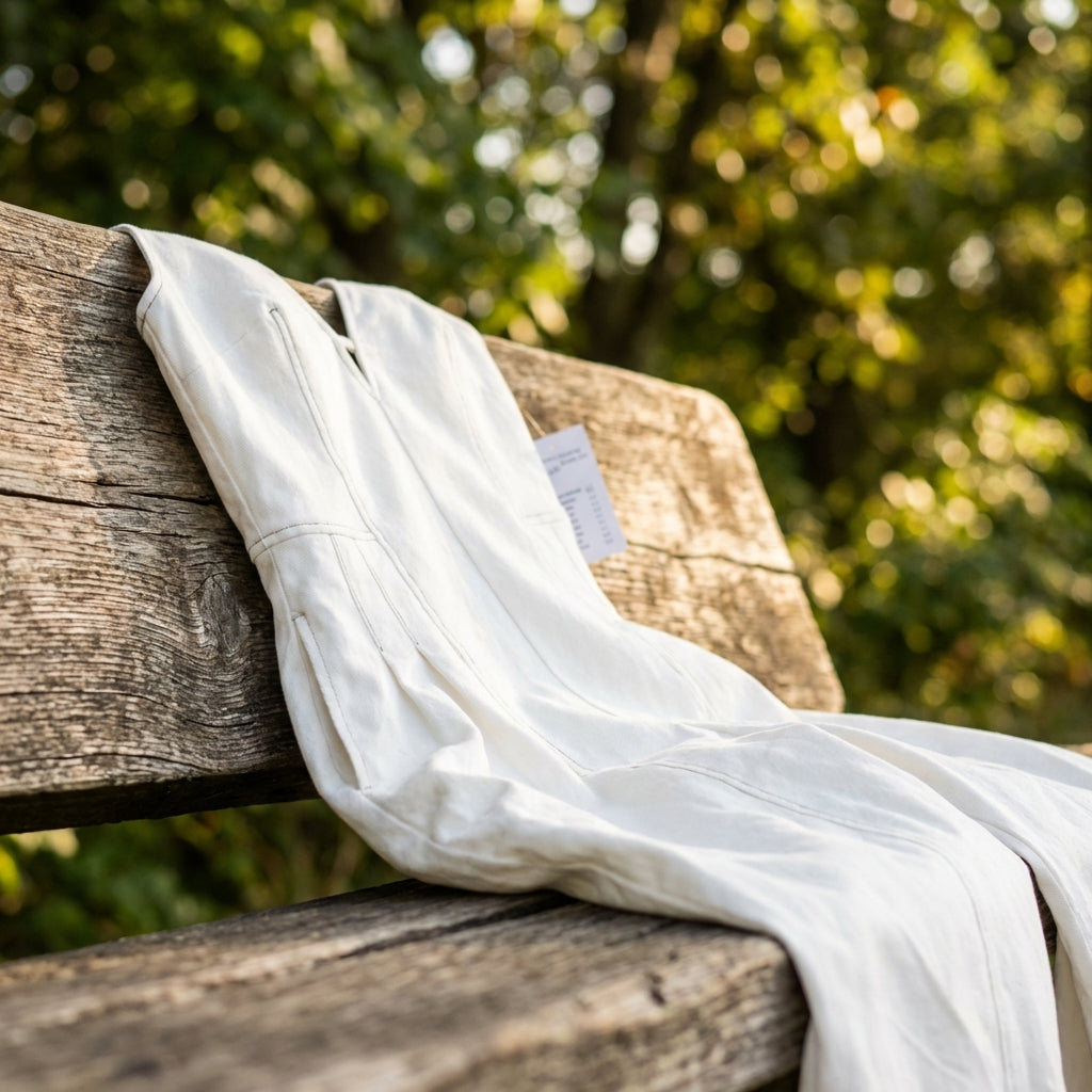 Outdoor shot of the jumpsuit draped on a wooden bench, focus on fabric surface with leafy bokeh background, artistic angle.
