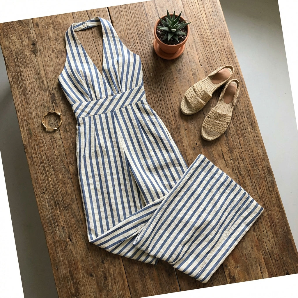 Flat lay of Stripe Jumpsuit on wooden surface, showcasing stripes and flattering cut with minimalist accessories and natural elements.