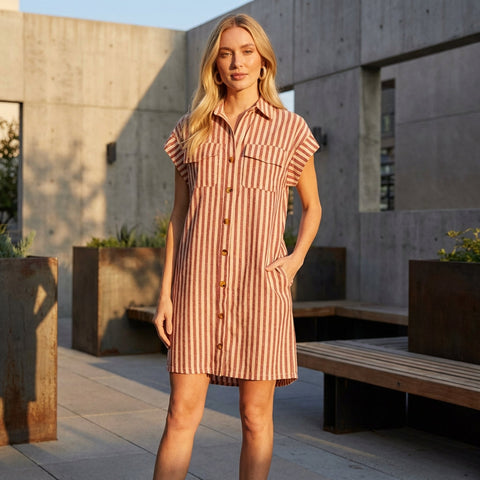 Full-body view of stylish mini dress on model in urban courtyard during golden hour, showcasing fit and fabric details.