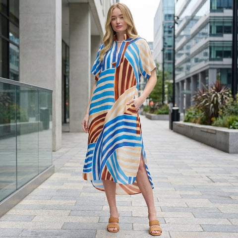 Full-body image of model wearing Stripe Abstract Print Short Sleeve Midi Dress showcasing side slit, pockets, and relaxed fit in an urban setting.