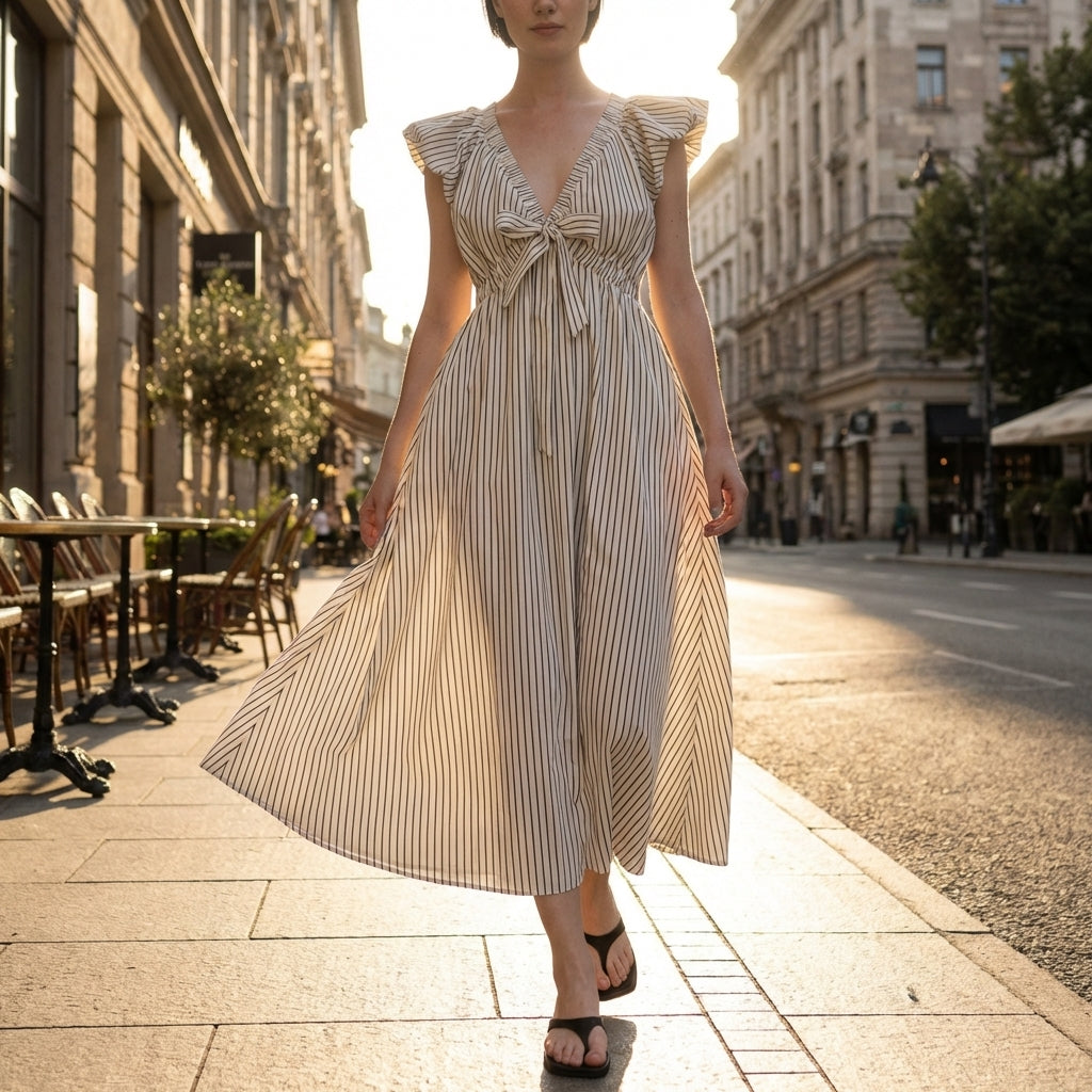 Full-body view of model in Stripe Woven Mini Dress walking in city during golden hour, emphasizing silhouette and lively pattern.