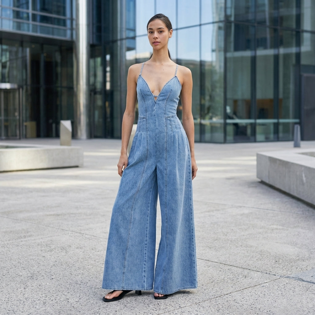 Full-body view of a solid woven jumpsuit on a model standing confidently outdoors, highlighting fit, cut, and contemporary style.
