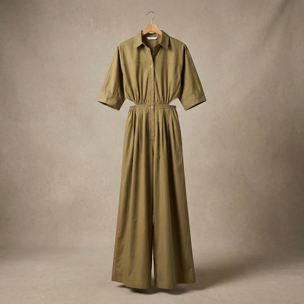 Studio shot of the woven jumpsuit on a wooden hanger, emphasizing texture and cut details.