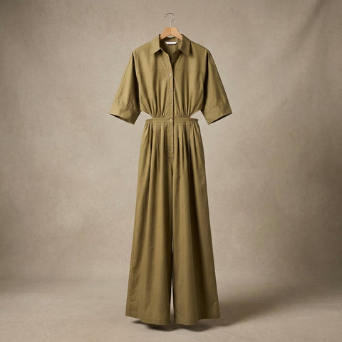 Studio shot of the woven jumpsuit on a wooden hanger, emphasizing texture and cut details.