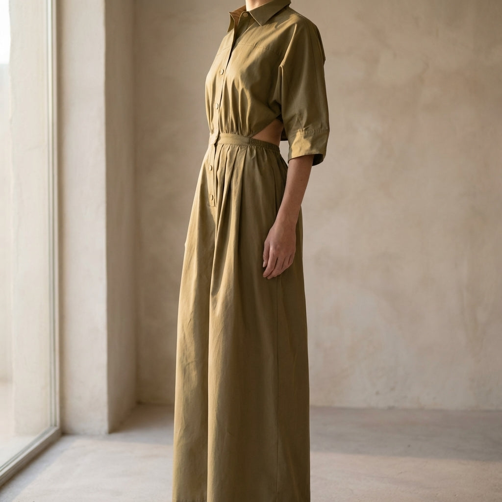 Artistic side profile of the jumpsuit showing the silhouette and fabric details in a warm interior.