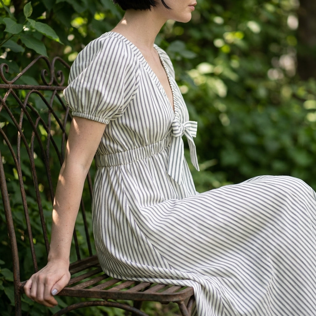 Side profile of Stripe Woven Mini Dress on seated model in greenery, showcasing V neckline, balloon sleeve, and textured fabric.