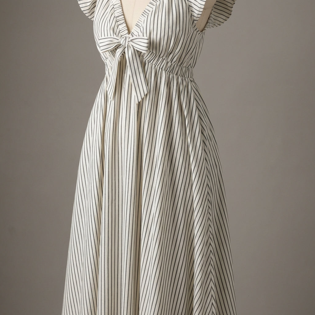 Studio shot of Stripe Woven Mini Dress on mannequin emphasizing woven pattern, front tie, and fabric micro-texture.