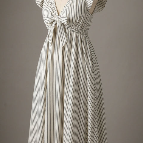 Studio shot of Stripe Woven Mini Dress on mannequin emphasizing woven pattern, front tie, and fabric micro-texture.
