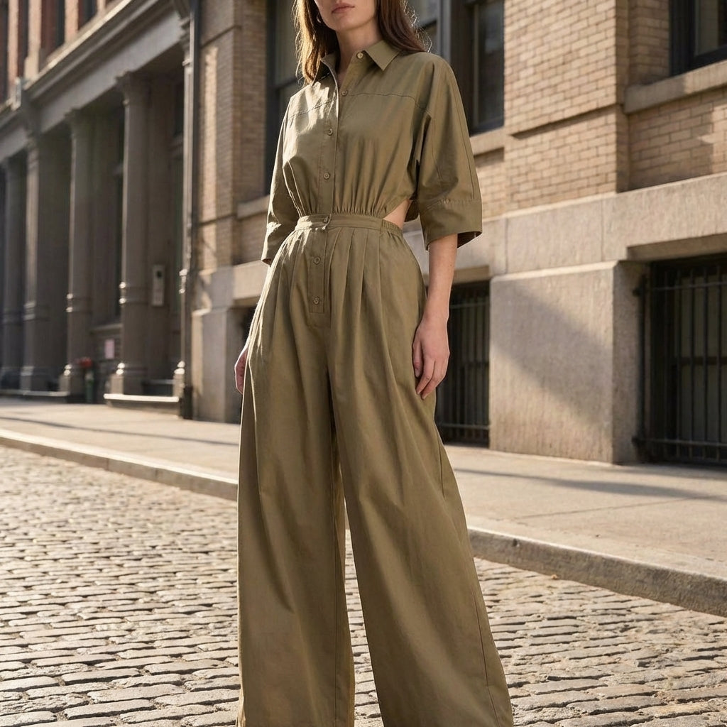 Full-body view of a model in a utility style jumpsuit with wide-leg silhouette in an outdoor city setting.