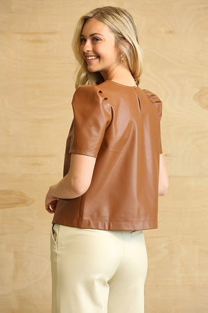 Faux Leather and Short Puff Sleeve Top