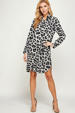 Leopard Print Curved Hem Long Sleeves Short Dress