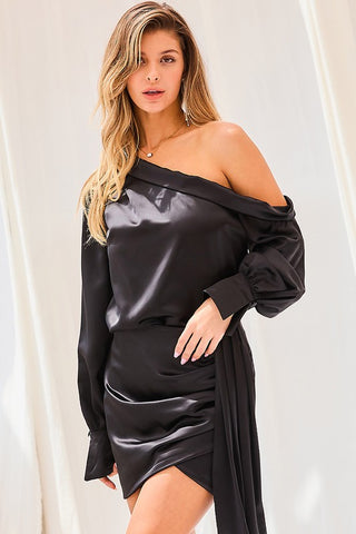 One Side Bubble Sleeve Satin Blouse Top