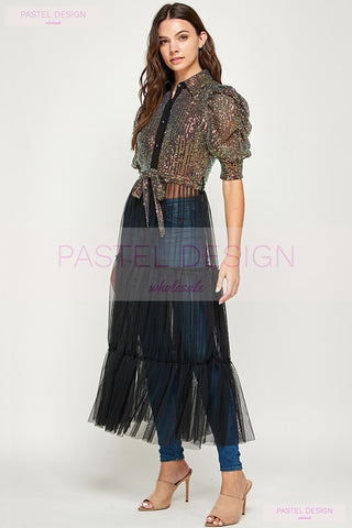 PUFFED SLV BUTTON DOWN SEQUINCE TULE DRESS