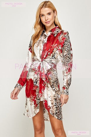3/4 Sleeve Print Button Down Dress