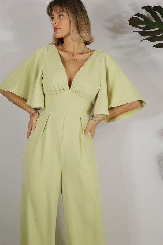 Solid Deep V Neck Jumpsuit