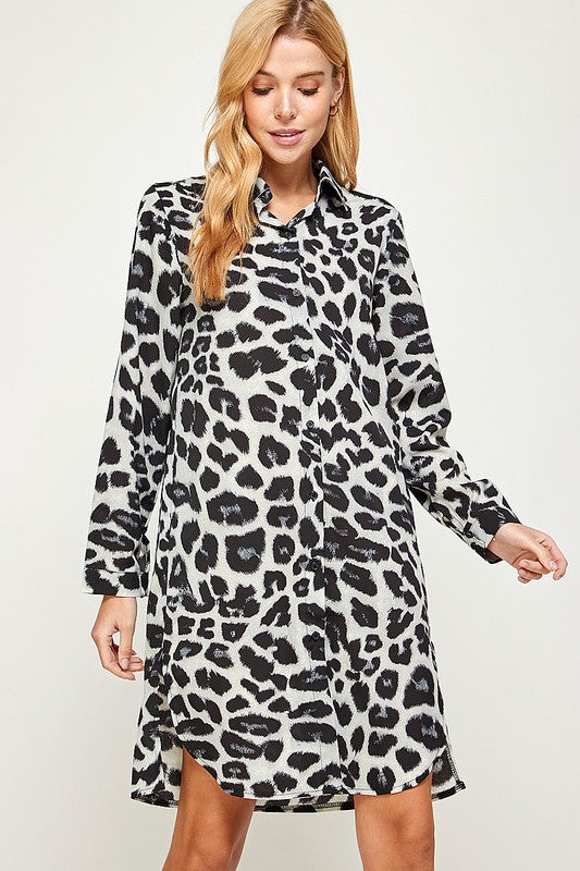 Leopard Print Curved Hem Long Sleeves Short Dress