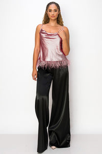 Cowl Neck Strappy Slip Top Feather Detailing