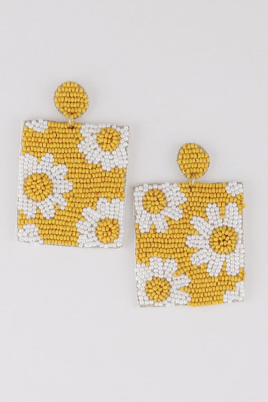 Beaded Flower Square Earrings