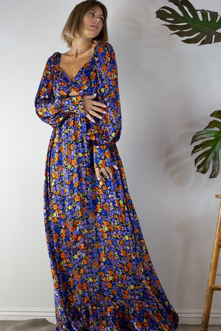 FRONT TWIST OPEN FLORAL MAXI DRESS