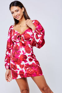 Fuchsia and red abstract flower print on white mini Dress