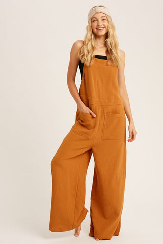 TEXTURED COTTON SQUARE NECK SLEEVELESS JUMPSUIT