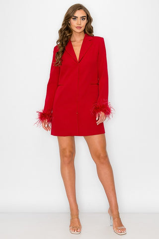 SOLID LSLV BLAZER DRESS W DETACHABLE FEATHER SLVS