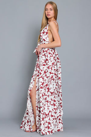 Plunging V neck tie front sleeveless floral maxi dress with deep slit
