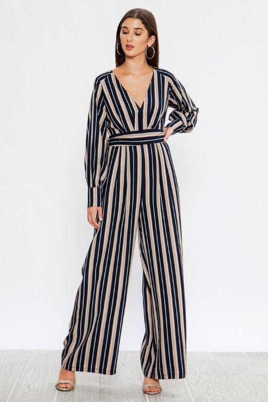 Striped Jumpsuit With V Neckline And Cuffed Sleeves