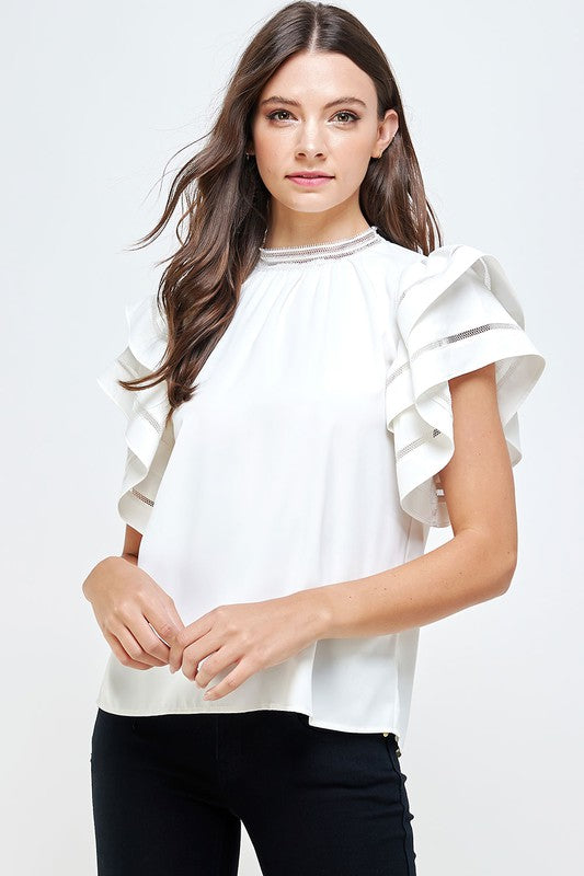 Layered Ruffled Sleeves Double Layer Ruffle Sleeve Mock Neck Top – Cha Cha Boutique