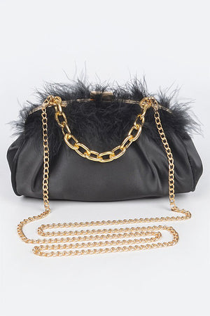 Vegan Leather Chain Handle Clutch W/Feather