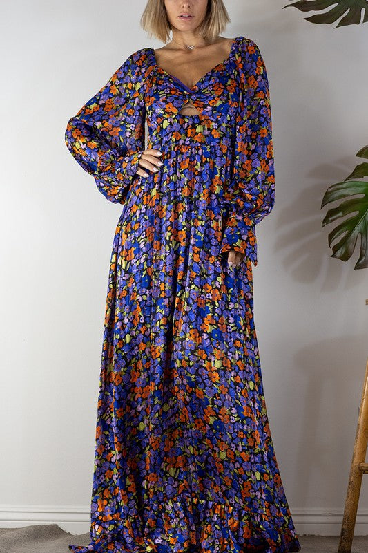 FRONT TWIST OPEN FLORAL MAXI DRESS