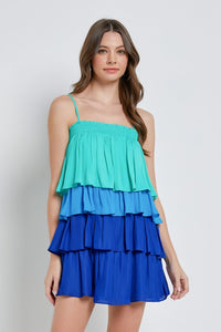 COLOR BLOCK RUFFLE TIERED DRESS