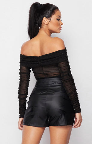 Layered Off Shoulder Ruched Sheer Bodysuit