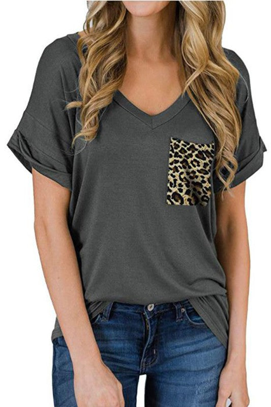 Short Sleeve Leopard Pocket T Shirt