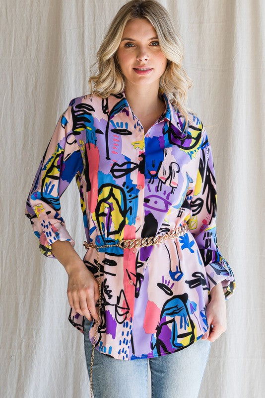 Colorful Print Collared Neck Top