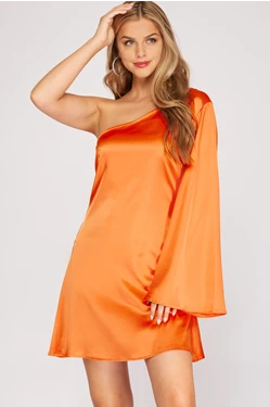 ONE SHOULDER BELL SLEEVE SATIN DRESS