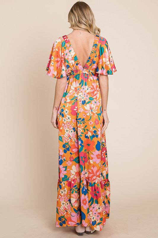 a satin floral woven short sleeve deep v neck maxi dress