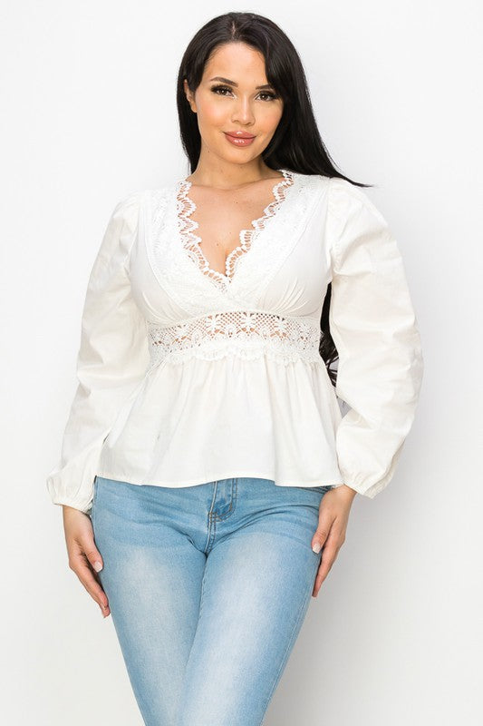 Fashion Blouse insert Lace on neck and Waist