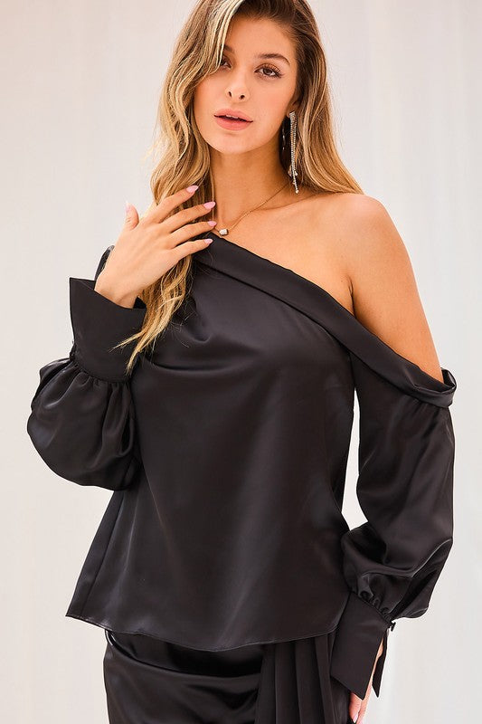 One Side Bubble Sleeve Satin Blouse Top