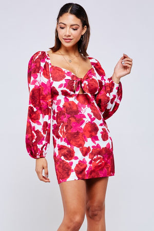 Fuchsia and red abstract flower print on white mini Dress