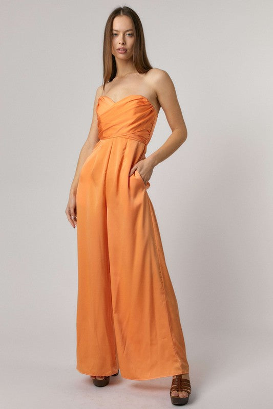 TUBE SATIN CRISS CROSSED PLEATED BUST JUMPSUIT