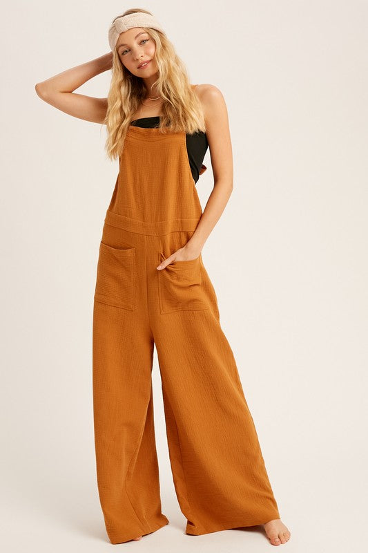 TEXTURED COTTON SQUARE NECK SLEEVELESS JUMPSUIT