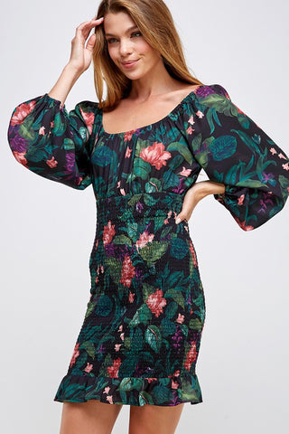 Dark Floral Puff long sleeve smocked print dress