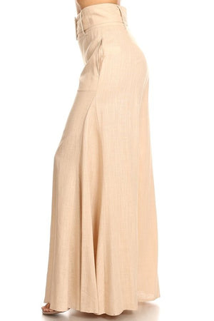 Solid, high rise pants with a belt and pleated detail