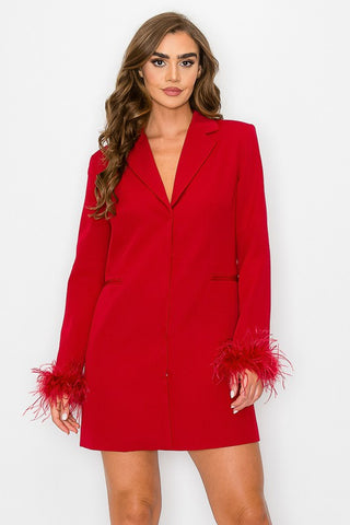 SOLID LSLV BLAZER DRESS W DETACHABLE FEATHER SLVS