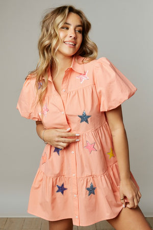 Starry Sequin Patch Mini Shirt Dress