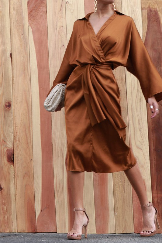 SATIN LOOSE FIT SHIRT DRESS WITH TIE DETAIL